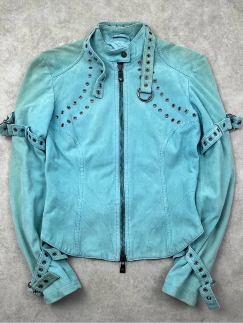 2000s Versace Turquoise Suede Leather
Eyelet Light Jacket